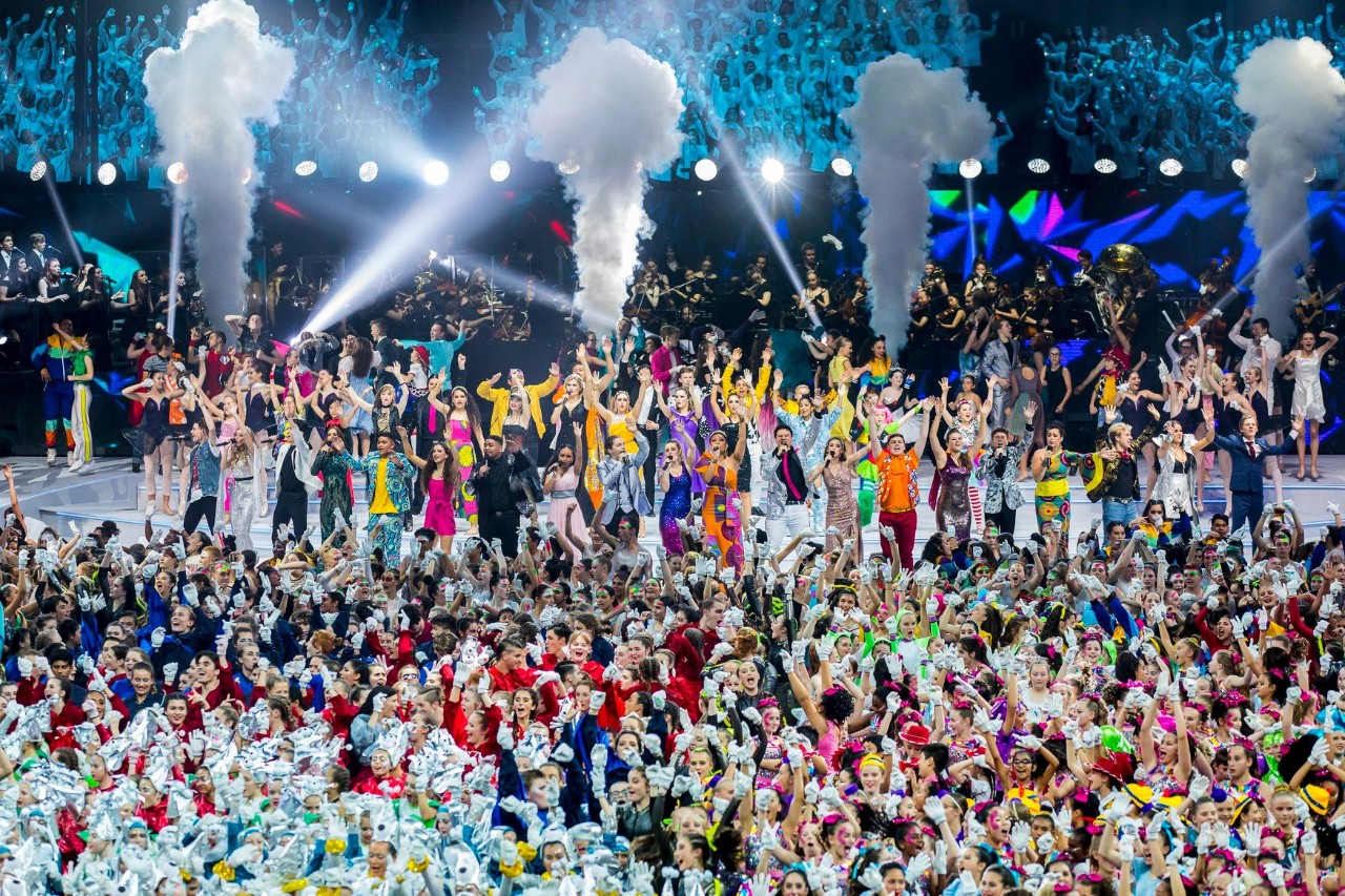 Students performing on stage during a School Spectaular performance.